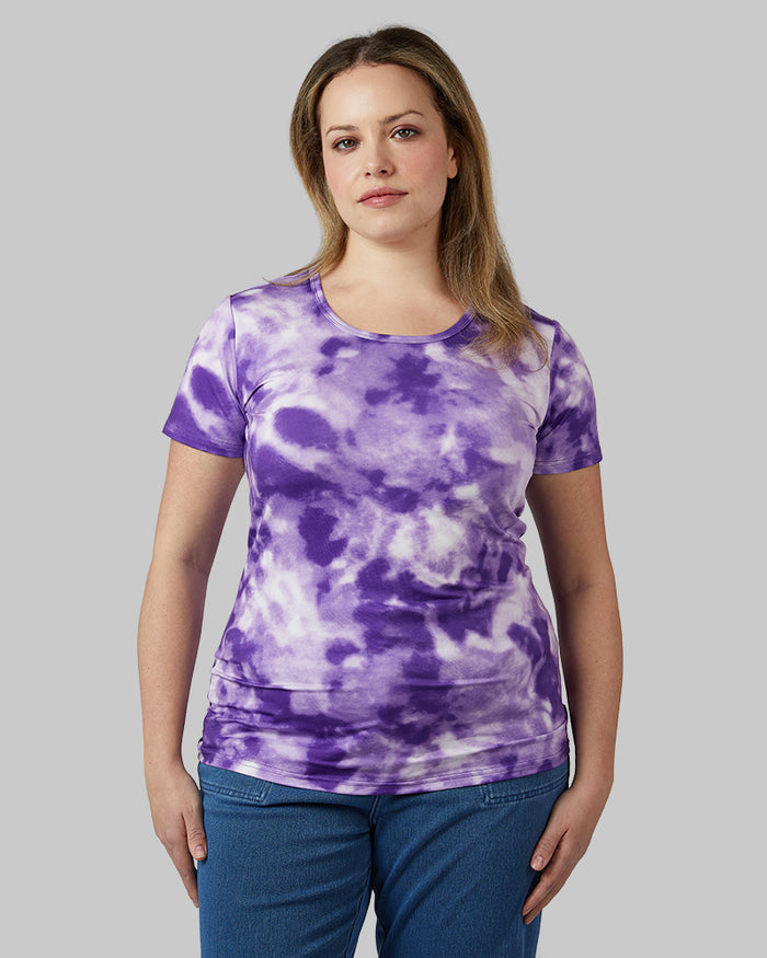 32 Degrees Tillandsia Purple Tie Dye _ Women's Cool Printed Fitted T-shirt {model: Allison is 5'9"and size 14 wearing size L}{bottom}{right} {bottom}{right}