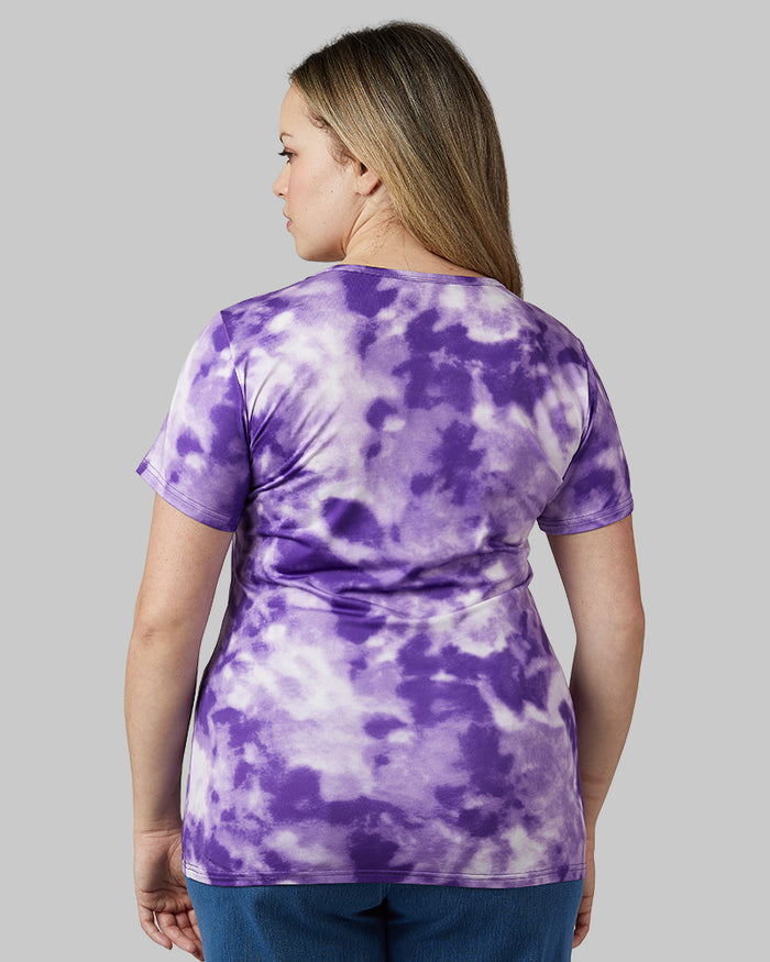 32 Degrees Tillandsia Purple Tie Dye _ Women's Cool Printed Fitted T-shirt {model: Allison is 5'9"and size 14 wearing size L}{bottom}{right} {bottom}{right}