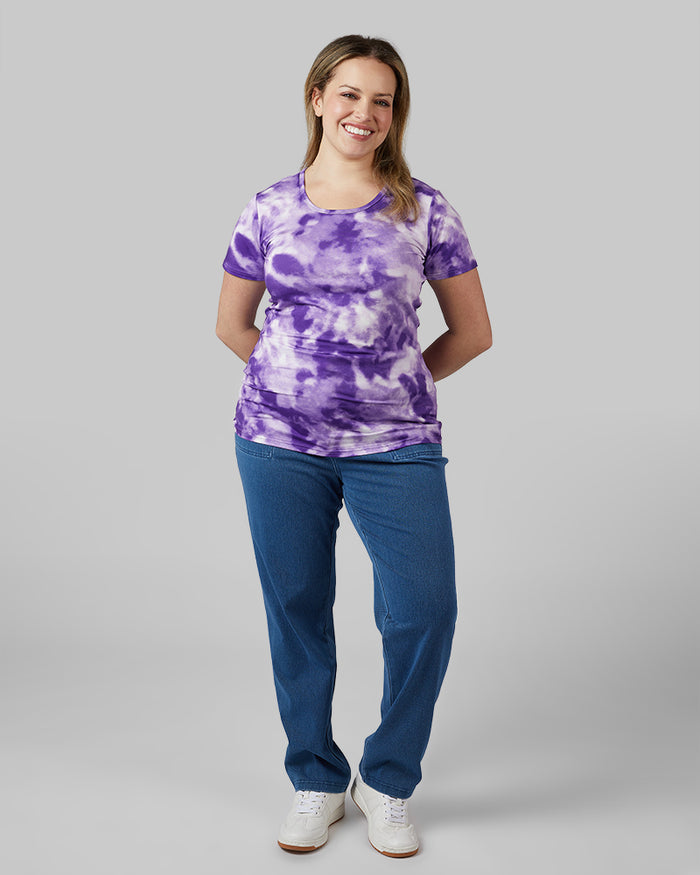 32 Degrees Tillandsia Purple Tie Dye _ Women's Cool Printed Fitted T-shirt {model: Allison is 5'9"and size 14 wearing size L}{bottom}{right} {bottom}{right}