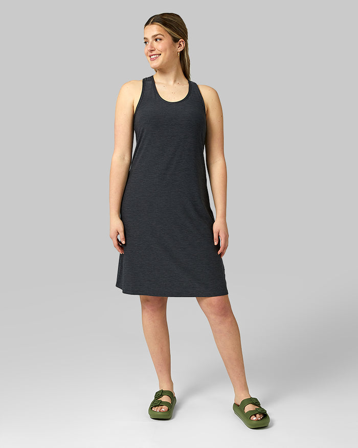 32 Degrees Black Space Dye _ Women's Cool Racerback Bra Dress {model: Blaise is 5'7"and size 6 wearing size S}{bottom}{right} {bottom}{right}