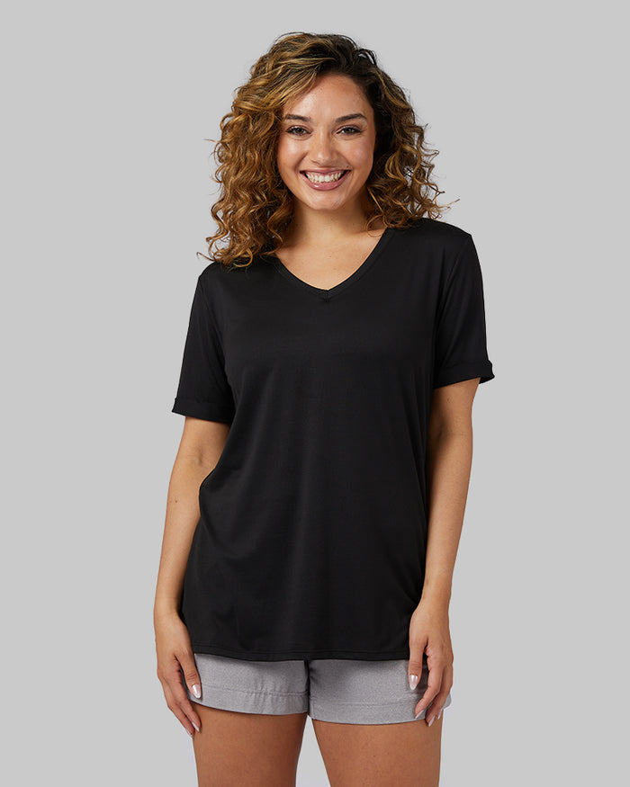 32 Degrees Black _ Women's Cool Relaxed Sleep T-Shirt {model: Kay is 5'6" and size 8, wearing size M}{bottom}{right}{bottom}{right}
