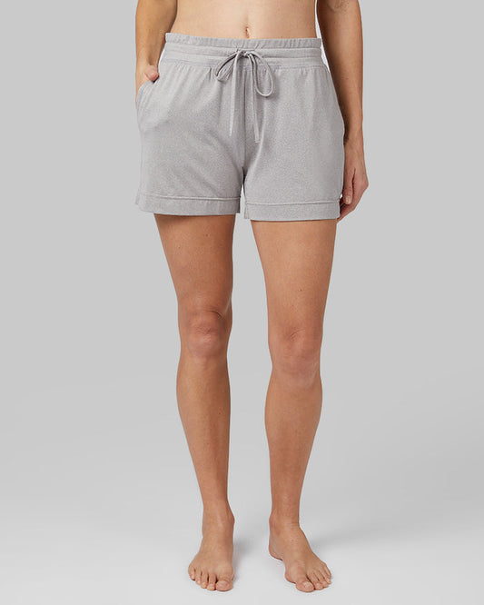 32 Degrees Ghost Grey Heather _ Women's Cool sleep short {model: Sandrine is 5'9"and size 4, wearing size S}{bottom}{right} {bottom}{right}