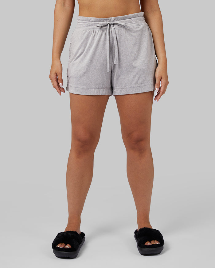 32 Degrees Ghost Grey Heather _ Women's Cool Sleep Short {model: Kay is 5'6" and size 8, wearing size M}{bottom}{right}{bottom}{right}