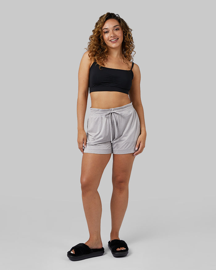 32 Degrees Ghost Grey Heather _ Women's Cool Sleep Short {model: Kay is 5'6" and size 8, wearing size M}{bottom}{right}{bottom}{right}