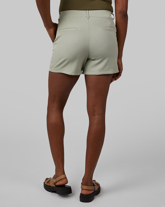 32 Degrees Laurel Green _ Women's Pleated Pull-On short {model: Wemi is 5'10"and size 2-4 wearing size S}{bottom}{right} {bottom}{right}
