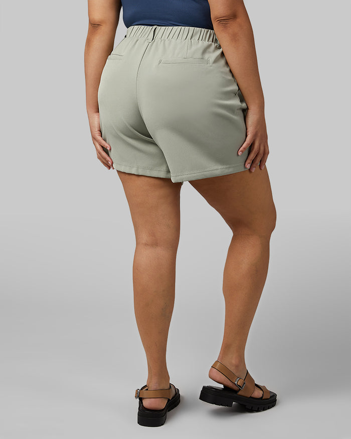 32 Degrees Laurel Green _ Women's Pleated Pull-On short {model: Maria is 5'9"and size 14 wearing size L}{bottom}{right} {bottom}{right}