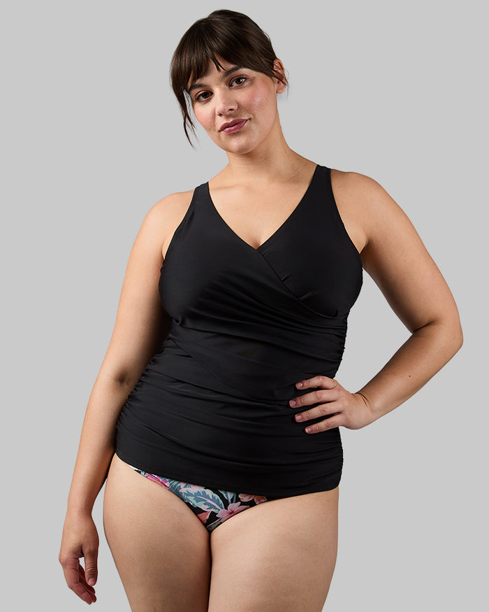 32 Degrees Black _ Women's Fitted Ruched Swim Tankini {model: Avery is 5'5"and size 12 wearing size L}{bottom}{right} {bottom}{right}
