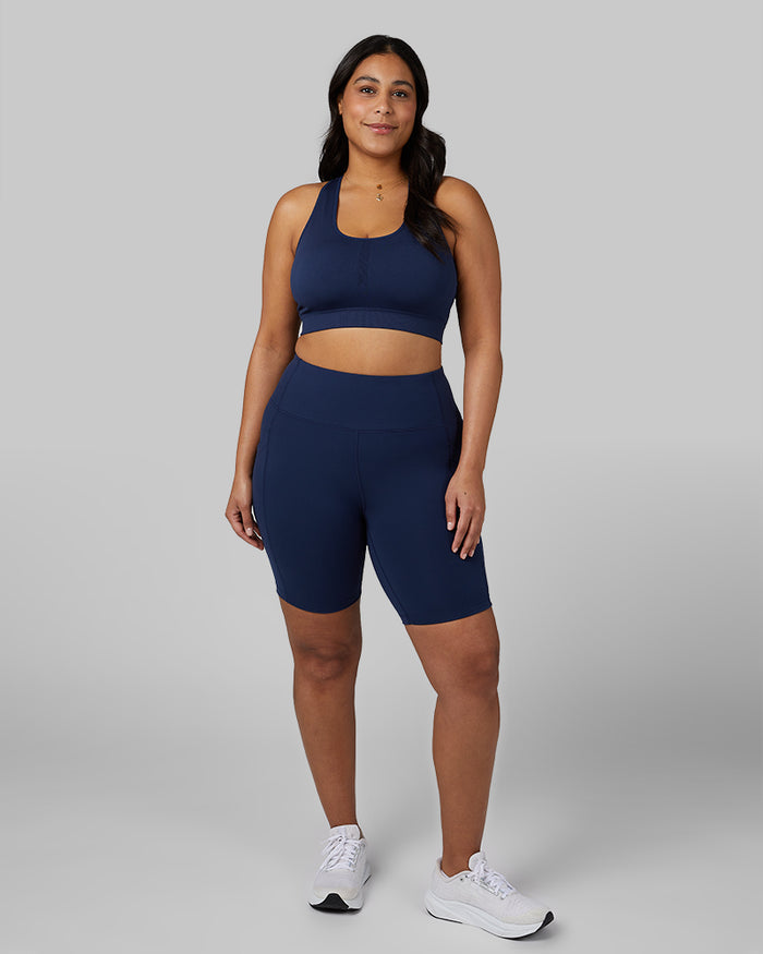 32 Degrees Inky Indigo _ Women's High-Waist Active 7-Inch short {model: Aimee is 5'9"and size 12 wearing size L}{bottom}{right} {bottom}{right}