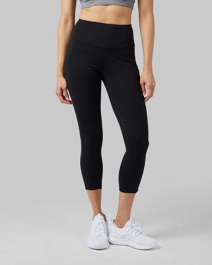32 Degrees Black _ Women's High-Waist Active 7/8 Leggings {model:Mariana is 5'8" and size 4, wearing size S}{bottom}{right}