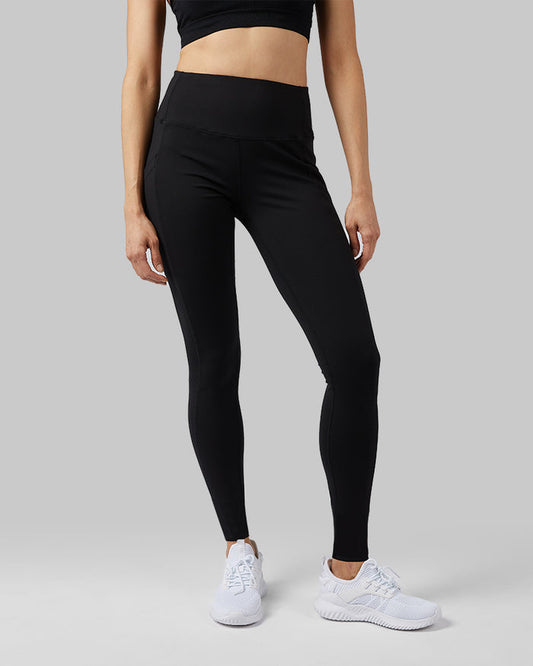 32 Degrees Black _ Women's High-Waist Active Legging {model:Mariana is 5'8" and size 4, wearing size S}{bottom}{right}
