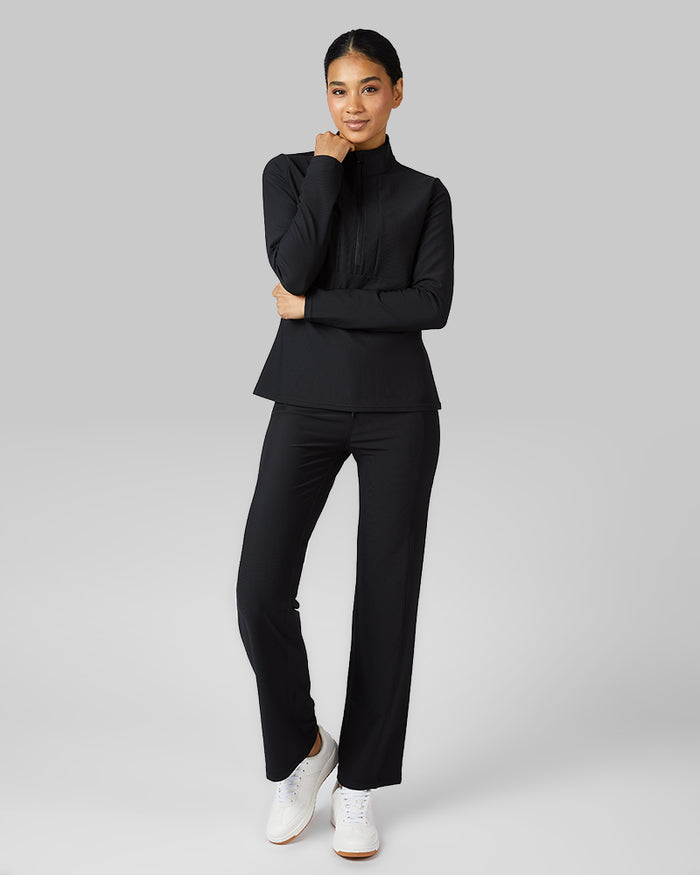 32 Degrees Black _ Women's High-Waist Active Rib Flare Pant {model: Lisa-Marie is 5'9"and size 2-4 wearing size S}{bottom}{right} {bottom}{right}