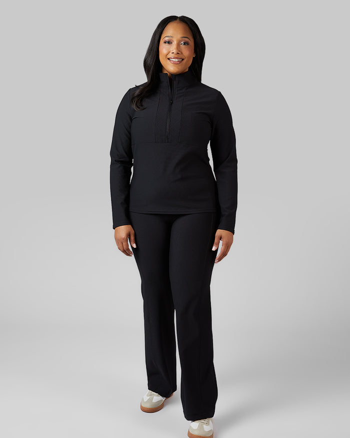 32 Degrees Black _ Women's High-Waist Active Rib Flare Pant {model: Jeharna is 5'9and size 14 wearing size L}{bottom}{right} {bottom}{right}