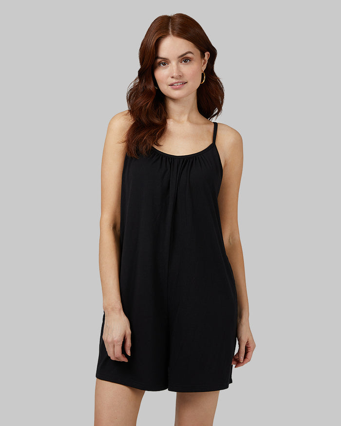 32 Degrees Black _ Women's Lightweight Knit Bra Romper {model: Stephanie is 5'9" and size 2, wearing size S}{bottom}{right} {bottom}{right}