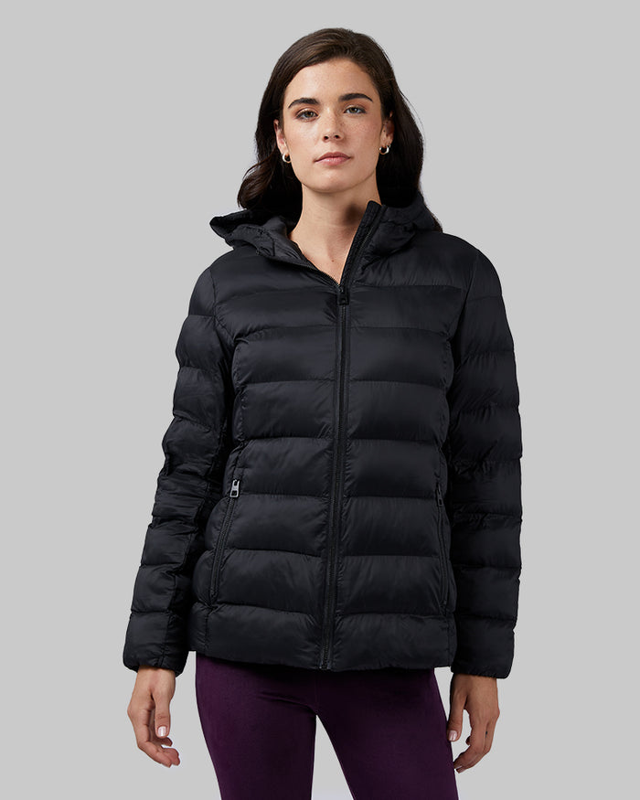 32 Degrees Black _ Women's Lightweight Packable Hooded Jacket {model: Katie is 5'10"and size 4 wearing size S}{bottom}{right} {bottom}{right}
