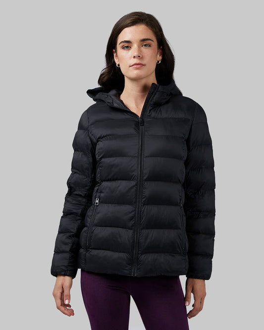 32 Degrees Black _ Women's Lightweight Packable Hooded Jacket {model: Katie is 5'10"and size 4 wearing size S}{bottom}{right} {bottom}{right}