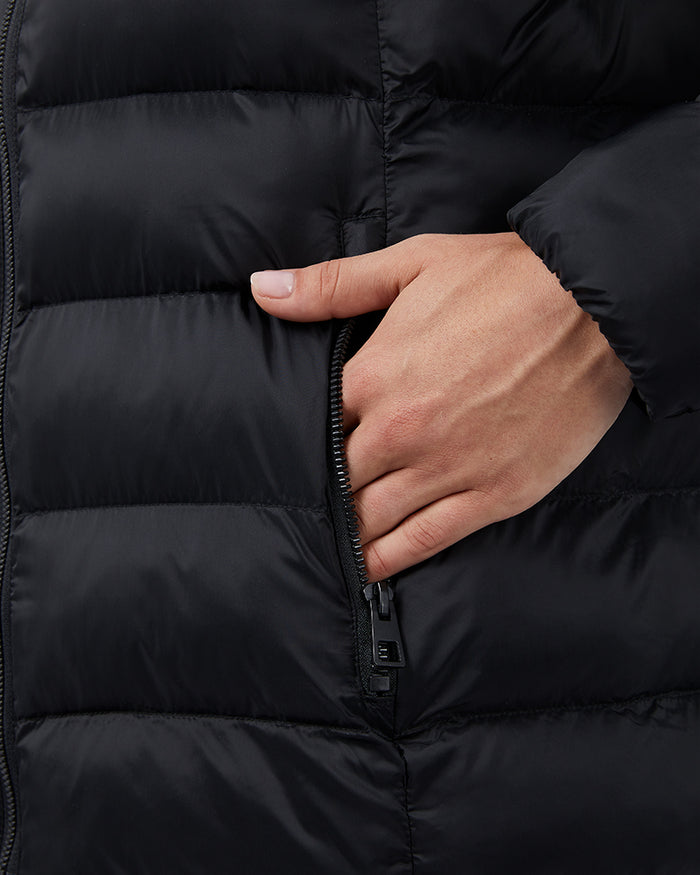 32 Degrees Black _ Women's Lightweight Packable Hooded Jacket {model: Katie is 5'10"and size 4 wearing size S}{bottom}{right} {bottom}{right}