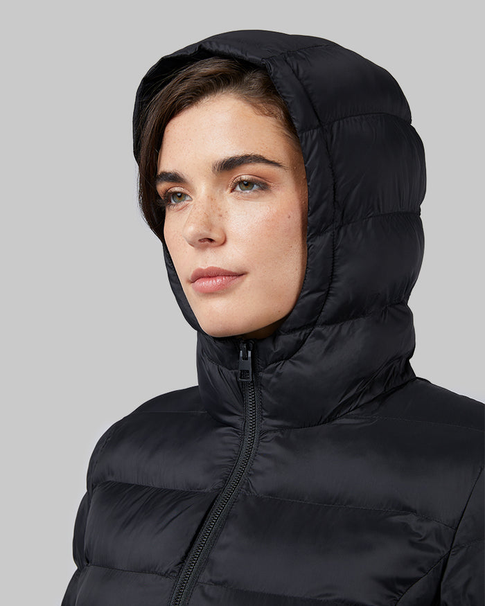 32 Degrees Black _ Women's Lightweight Packable Hooded Jacket {model: Katie is 5'10"and size 4 wearing size S}{bottom}{right} {bottom}{right}