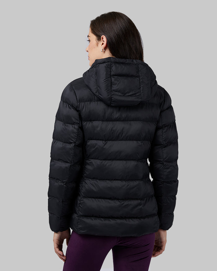 32 Degrees Black _ Women's Lightweight Packable Hooded Jacket {model: Katie is 5'10"and size 4 wearing size S}{bottom}{right} {bottom}{right}