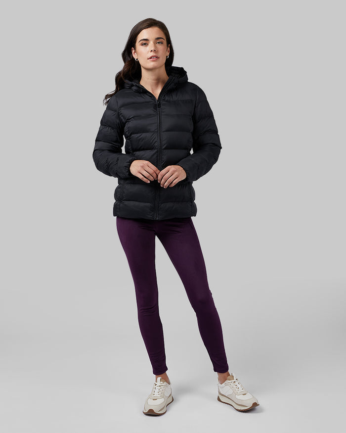 32 Degrees Black _ Women's Lightweight Packable Hooded Jacket {model: Katie is 5'10"and size 4 wearing size S}{bottom}{right} {bottom}{right}