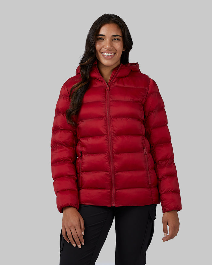 32 Degrees Chili Pepper _ Women's Lightweight Packable Hooded Jacket {model: Ria is 5'8"and size 4 wearing size S}{bottom}{right} {bottom}{right}