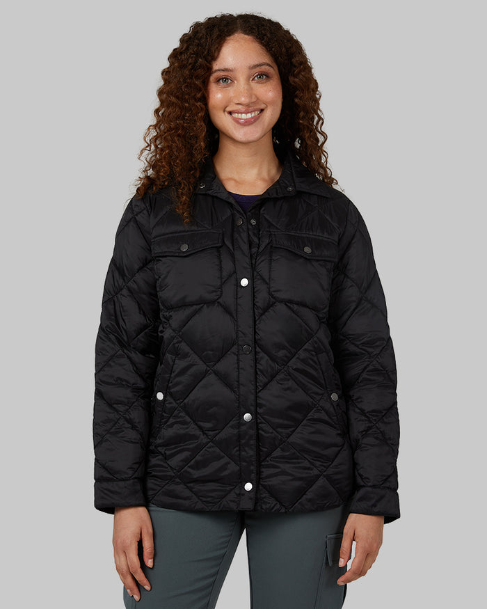 32 Degrees Black _ Women's Lightweight Poly-Fill shirt Jacket {model: Renee is 5'9"and size 4 wearing size S}{bottom}{right} {bottom}{right}