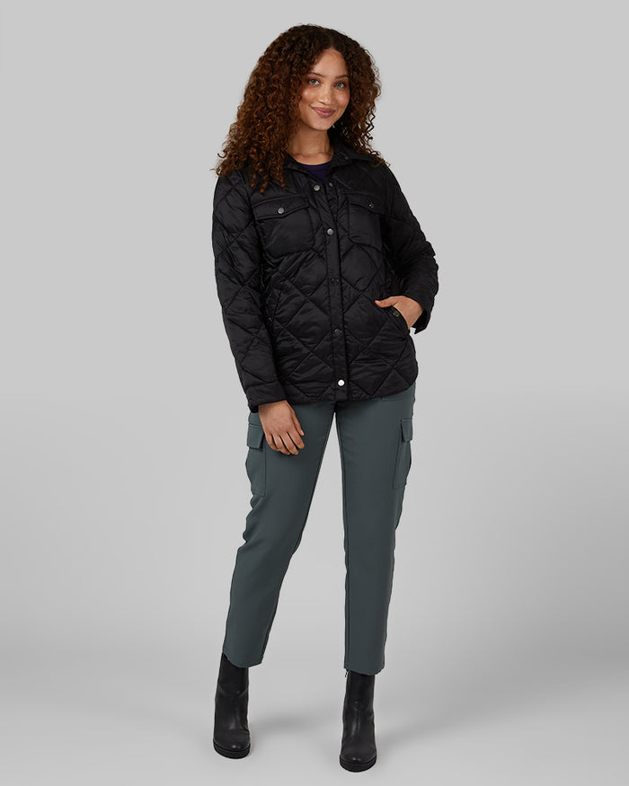 32 Degrees Black _ Women's Lightweight Poly-Fill shirt Jacket {model: Renee is 5'9"and size 4 wearing size S}{bottom}{right} {bottom}{right}