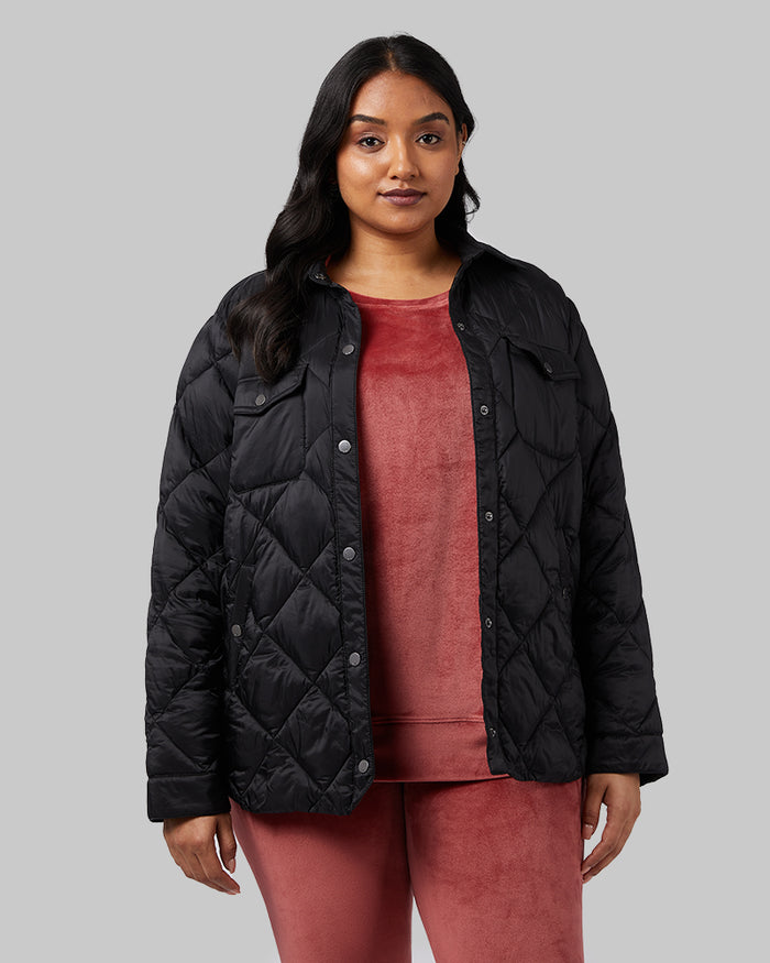 32 Degrees Black _ Women's Lightweight Poly-Fill shirt Jacket {model: Nikita is 5'10"and size 12 wearing size L}{bottom}{right} {bottom}{right}