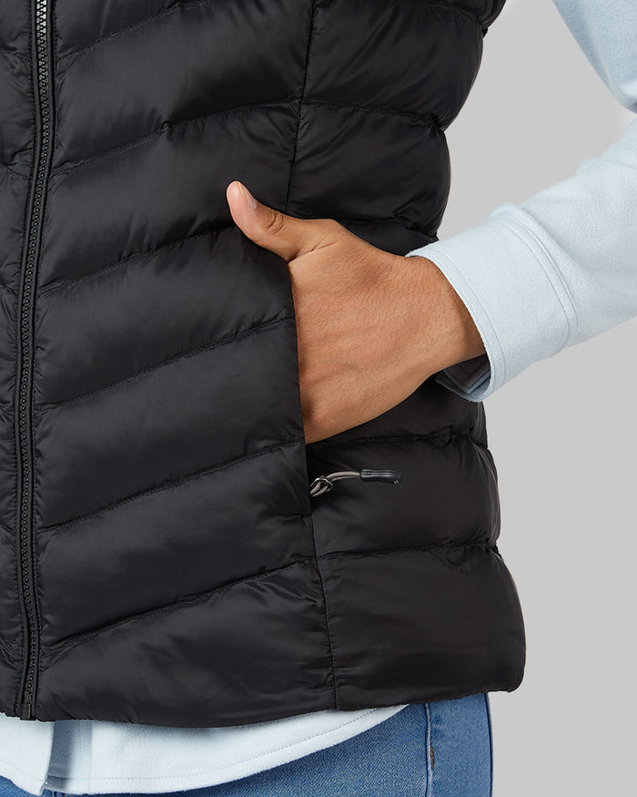 32 Degrees Black _ Women's Lightweight Packable Vest {model: Lisa-Marie is 5'9"and size 2-4 wearing size S}{bottom}{right} {bottom}{right}