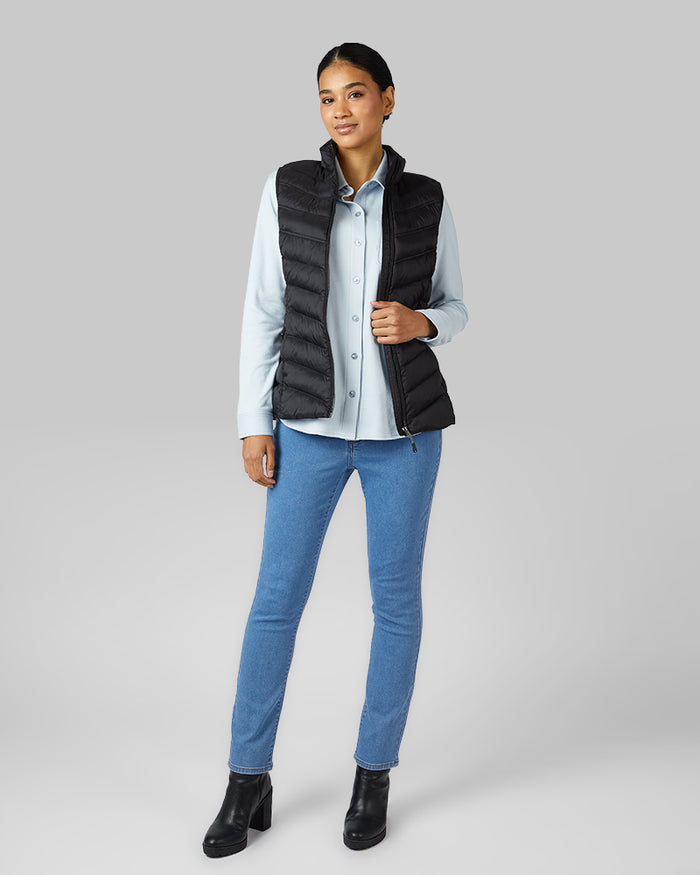 32 Degrees Black _ Women's Lightweight Packable Vest {model: Lisa-Marie is 5'9"and size 2-4 wearing size S}{bottom}{right} {bottom}{right}