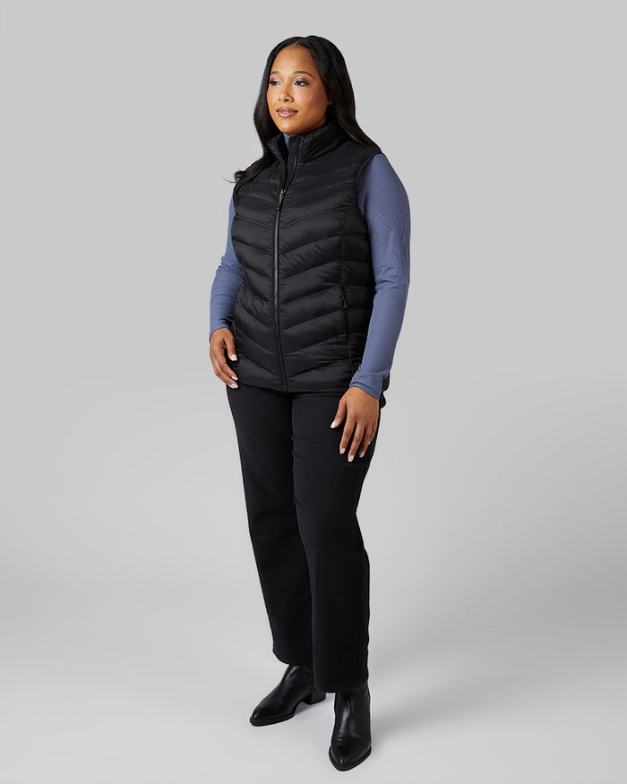 32 Degrees Black _ Women's Lightweight Packable Vest {model: Jeharna is 5'9" and size 14 wearing size L}{bottom}{right} {bottom}{right}