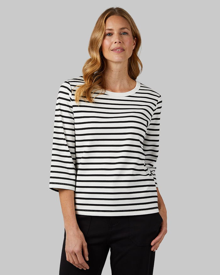 32 Degrees White_ Black Stripe _ Women's Luxe Knit 3/4 Sleeve T-Shirt {model: Sandrine is 5'9"and size 4 wearing size S}{bottom}{right} {bottom}{right}