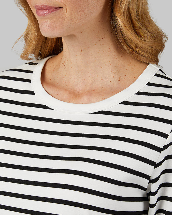 32 Degrees White_ Black Stripe _ Women's Luxe Knit 3/4 Sleeve T-Shirt {model: Sandrine is 5'9"and size 4 wearing size S}{bottom}{right} {bottom}{right}