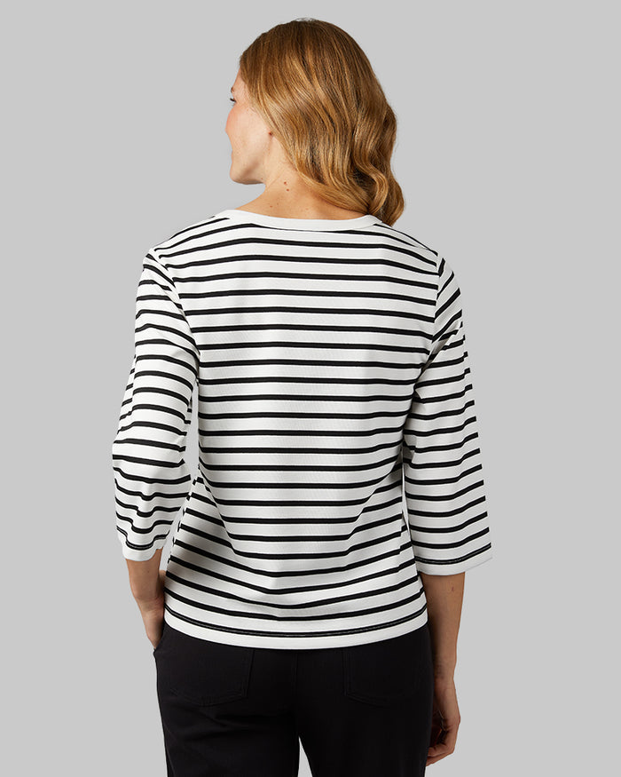 32 Degrees White_ Black Stripe _ Women's Luxe Knit 3/4 Sleeve T-Shirt {model: Sandrine is 5'9"and size 4 wearing size S}{bottom}{right} {bottom}{right}