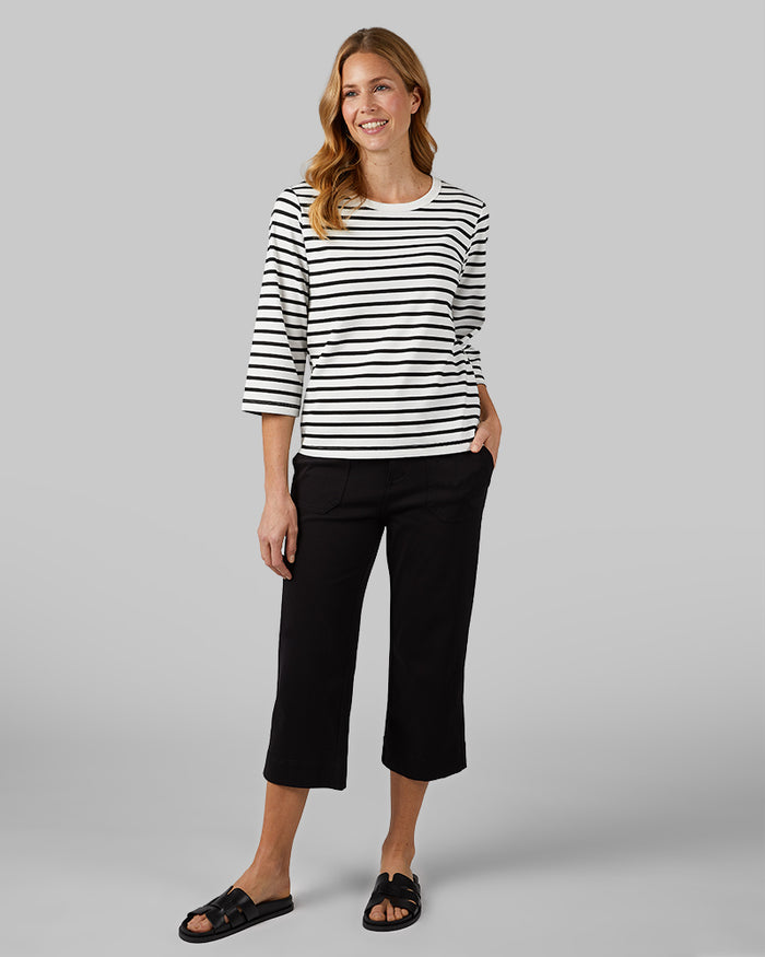 32 Degrees White_ Black Stripe _ Women's Luxe Knit 3/4 Sleeve T-Shirt {model: Sandrine is 5'9"and size 4 wearing size S}{bottom}{right} {bottom}{right}
