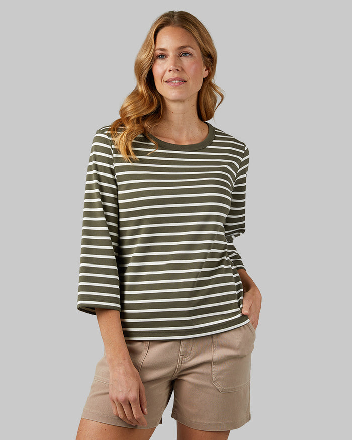 32 Degrees Olive_ White Stripe _ Women's Luxe Knit 3/4 Sleeve T-Shirt {model: Sandrine is 5'9"and size 4 wearing size S}{bottom}{right} {bottom}{right}