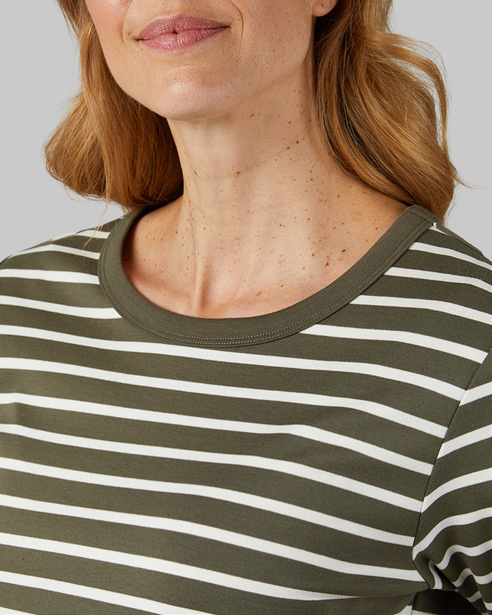 32 Degrees Olive_ White Stripe _ Women's Luxe Knit 3/4 Sleeve T-Shirt {model: Sandrine is 5'9"and size 4 wearing size S}{bottom}{right} {bottom}{right}
