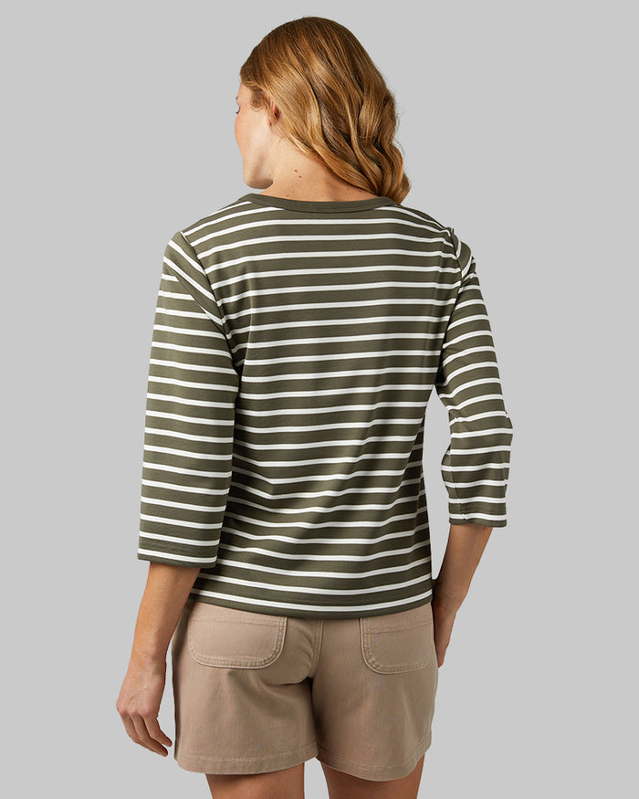 32 Degrees Olive_ White Stripe _ Women's Luxe Knit 3/4 Sleeve T-Shirt {model: Sandrine is 5'9"and size 4 wearing size S}{bottom}{right} {bottom}{right}