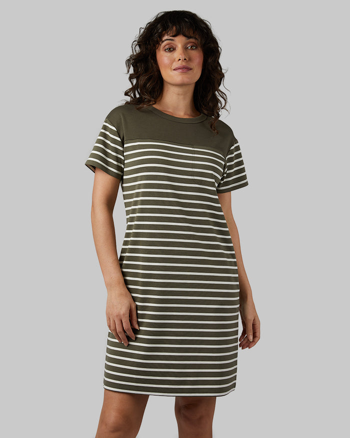 32 Degrees Military Oliva/ Off-white strips Women's Luxe Knit Pocket Dress {model: Rayana is 5'9"and size 4-6 wearing size S}{bottom}{right} {bottom}{right}