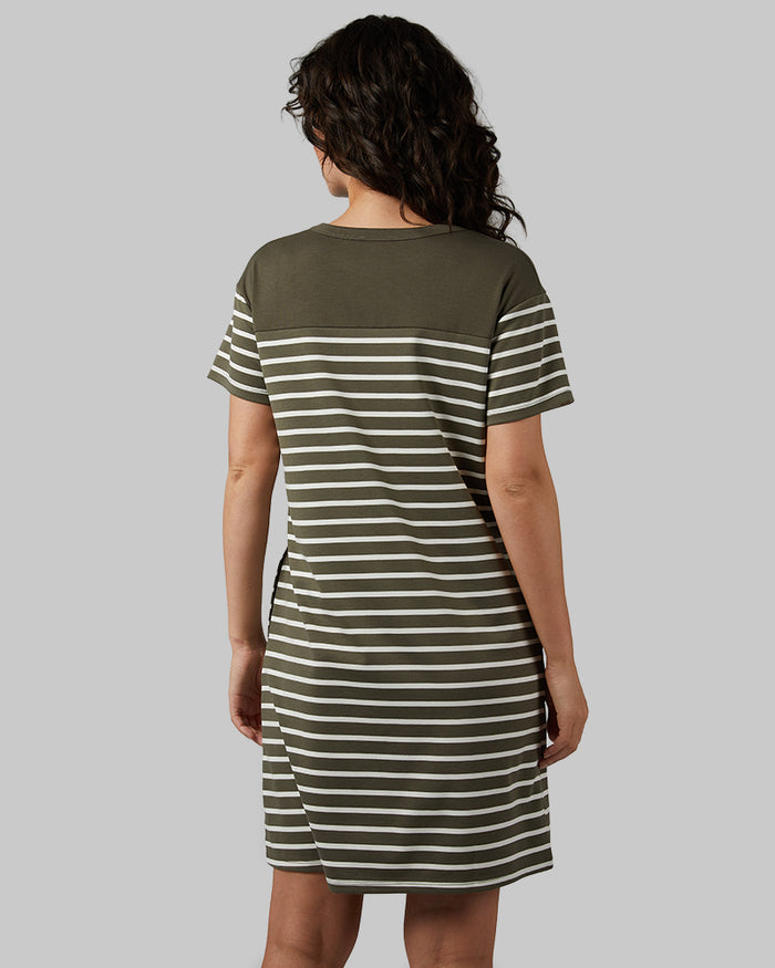 32 Degrees Military Olive/ Off-white strips _ Women's Luxe Knit Pocket Dress  {model: Rayana is 5'9"and size 4-6 wearing size S}{bottom}{right} {bottom}{right}