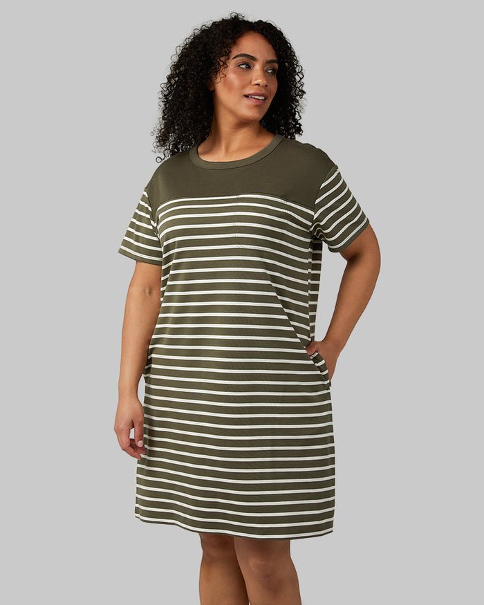 32 Degrees Olive / Off White Strips _ Women's Luxe Knit Pocket Dress  {model: Maria is 5'9"and size 14 wearing size L}{bottom}{right} {bottom}{right}