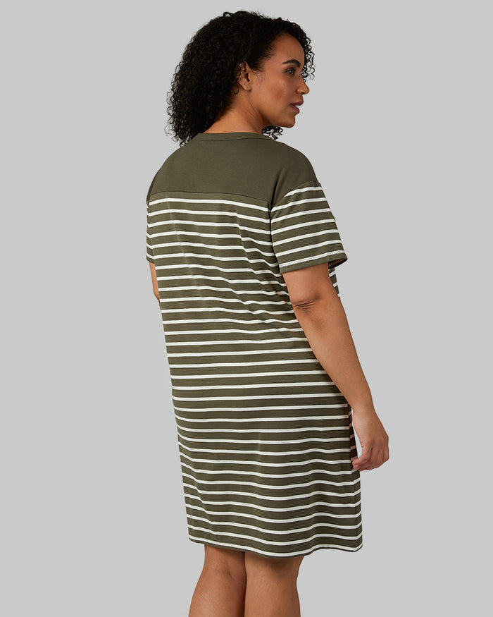 32 Degrees Olive / Off White Strips _ Women's Luxe Knit Pocket Dress  {model: Maria is 5'9"and size 14 wearing size L}{bottom}{right} {bottom}{right}