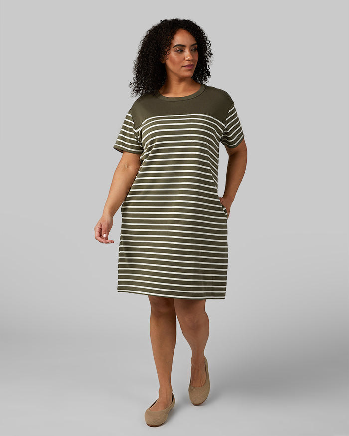 32 Degrees Olive / Off White Strips _ Women's Luxe Knit Pocket Dress  {model: Maria is 5'9"and size 14 wearing size L}{bottom}{right} {bottom}{right}