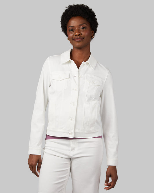 32 Degrees White _ Women's Mini Knit Twill Trucker Jacket {model: Wemi is 5'10"and size 2-4 wearing size S}{bottom}{right} {bottom}{right}