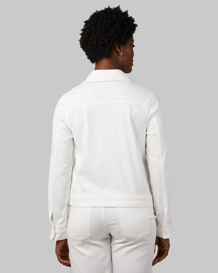 32 Degrees White _ Women's Mini Knit Twill Trucker Jacket {model: Wemi is 5'10"and size 2-4 wearing size S}{bottom}{right} {bottom}{right}