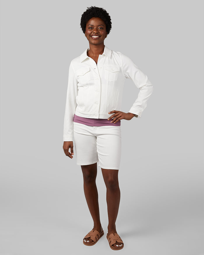 32 Degrees White _ Women's Mini Knit Twill Trucker Jacket {model: Wemi is 5'10"and size 2-4 wearing size S}{bottom}{right} {bottom}{right}