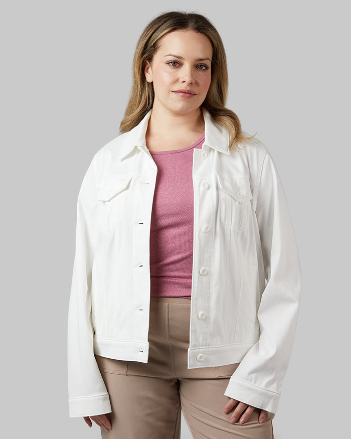 32 Degrees White _ Women's Mini Knit Twill Trucker Jacket {model: Allison is 5'9"and size 14 wearing size L}{bottom}{right} {bottom}{right}