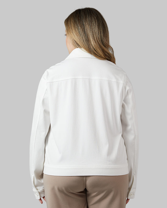 32 Degrees White _ Women's Mini Knit Twill Trucker Jacket {model: Allison is 5'9"and size 14 wearing size L}{bottom}{right} {bottom}{right}