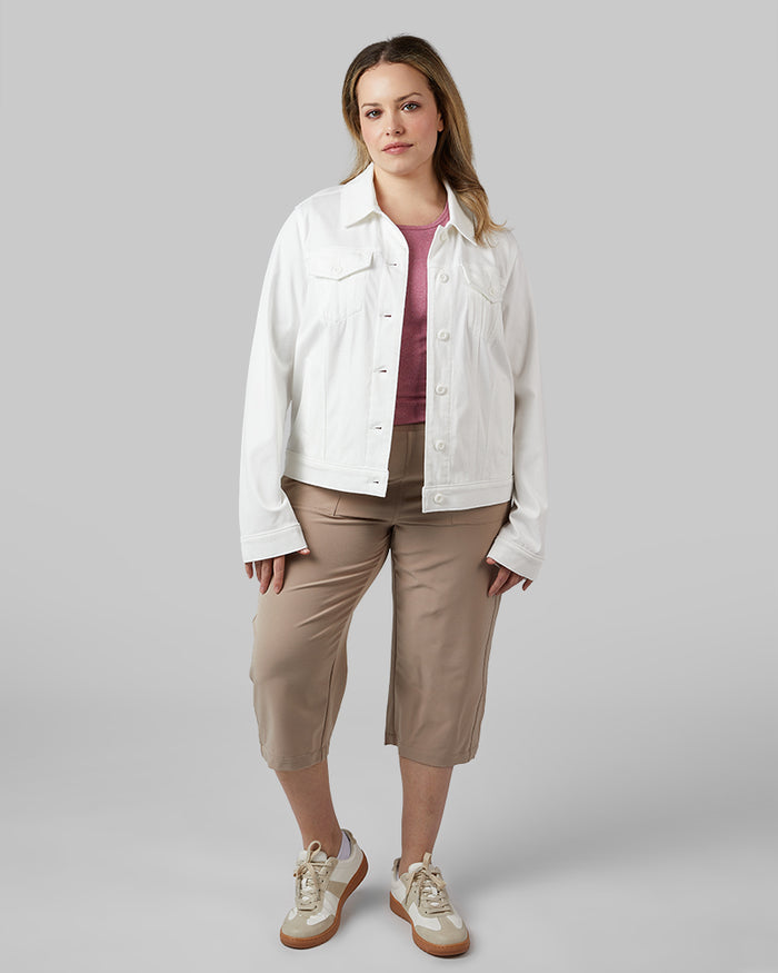32 Degrees White _ Women's Mini Knit Twill Trucker Jacket {model: Allison is 5'9"and size 14 wearing size L}{bottom}{right} {bottom}{right}