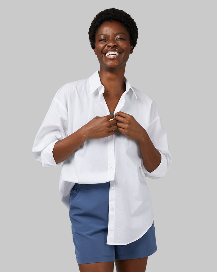 32 Degrees White _ Women's Oversized Cotton Long sleeve Button-Up {model: Wemi is 5'10"and size 2-4 wearing size S}{bottom}{right} {bottom}{right}