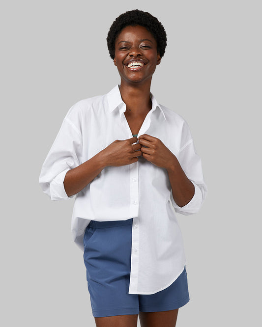 32 Degrees White _ Women's Oversized Cotton Long sleeve Button-Up {model: Wemi is 5'10"and size 2-4 wearing size S}{bottom}{right} {bottom}{right}